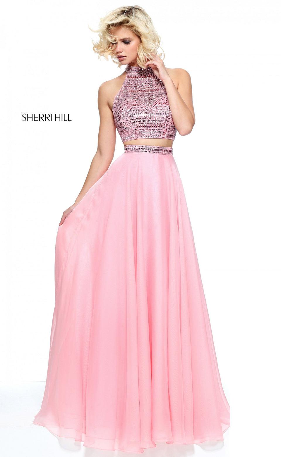 Sherri Hill Two-piece High Neck Beaded Bodice With A Chiffon Skirt
