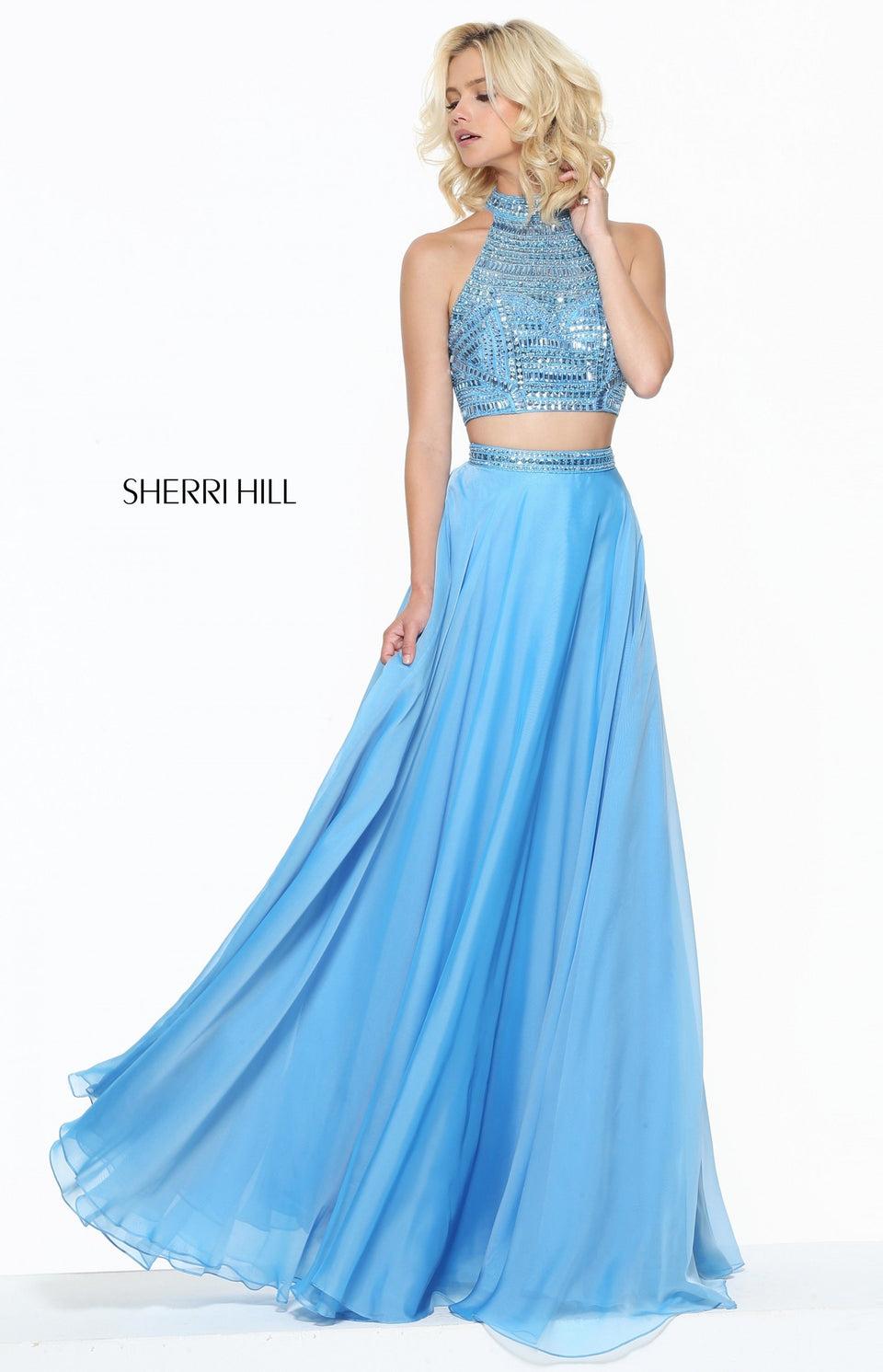sherri hill Two-piece high neck beaded bodice with a chiffon skirt