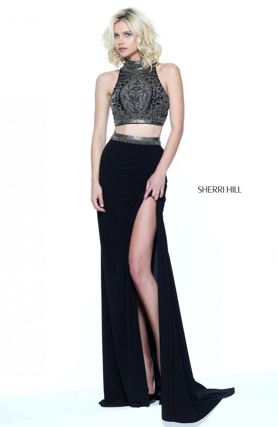 Sherri Hill Two-piece Jersey With A High Neck Beaded Bodice And Skirt Slit