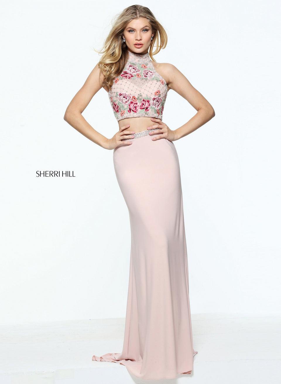 Sherri Hill Two-piece Jersey With A High Neck Cross Stitch Embroidered Bodice