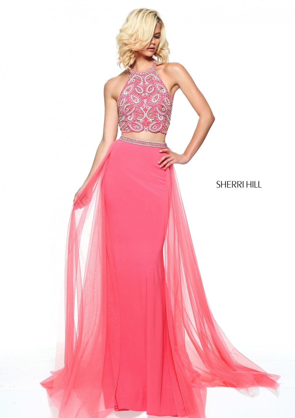 Sherri Hill Two Piece Jersey With A Paisley Beaded Bodice And A Tulle Over Skirt