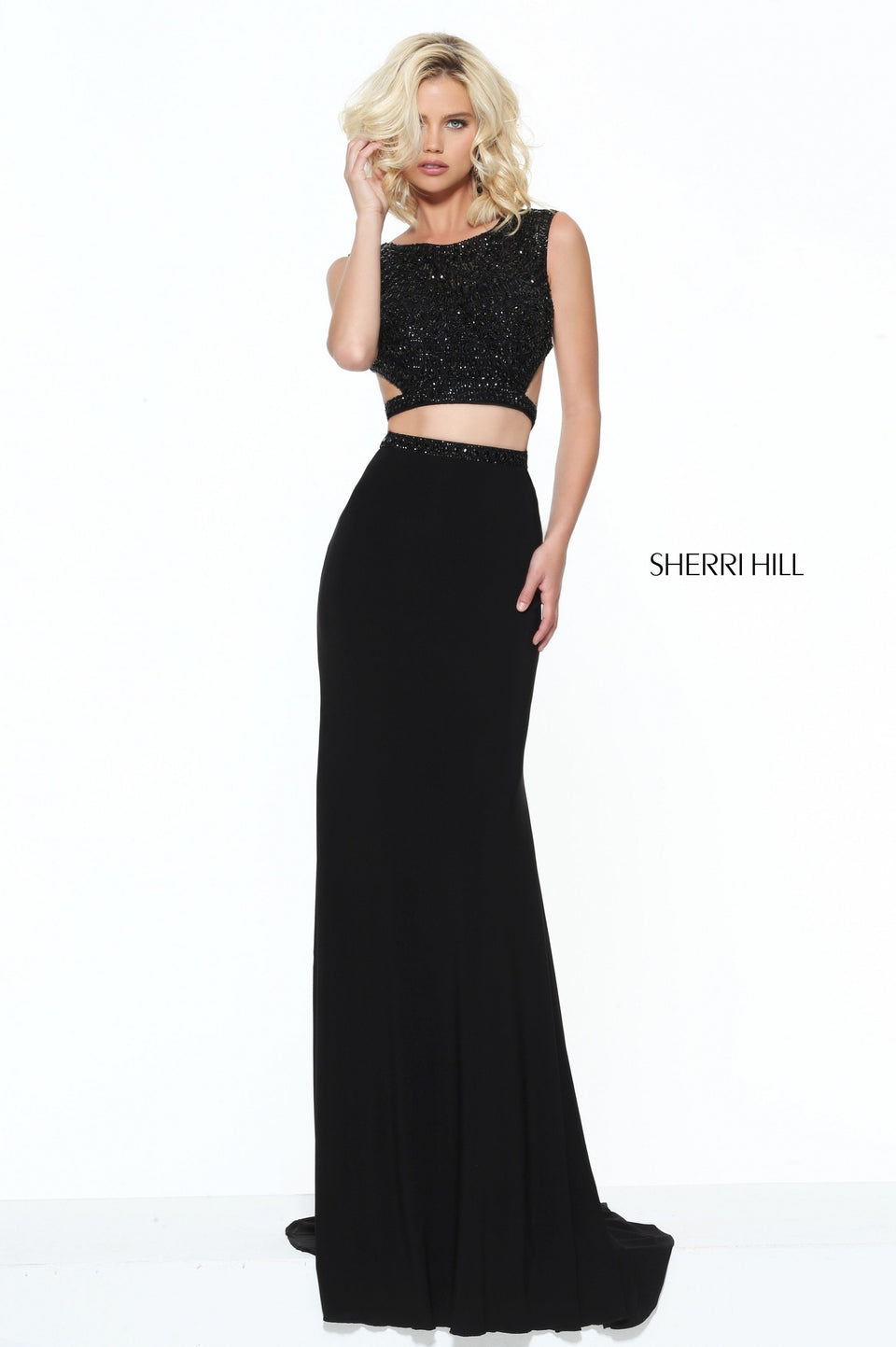 Sherri Hill Two-piece Jersey With Cap Sleeve Beaded Bodice And Cut Away Sides With Fitted Skirt