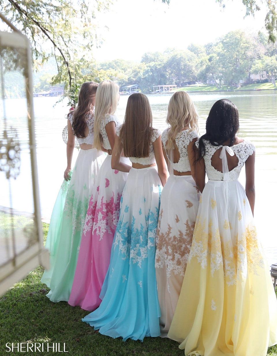 Sherri Hill Two Piece Lace Bodice With A Linen And Lace Embroidered Skirt