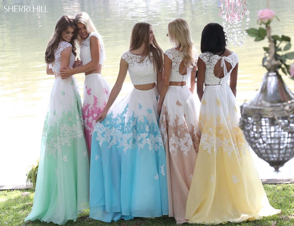 Sherri Hill Two Piece Lace Bodice With A Linen And Lace Embroidered Skirt