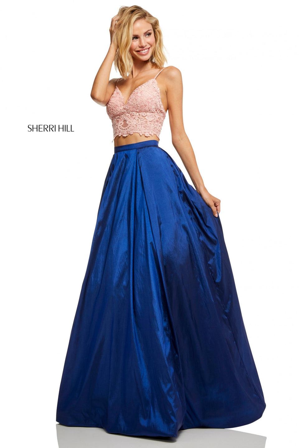sherri hill Two-piece lace deep-V neckline bodice and rich metallic A-line skirt