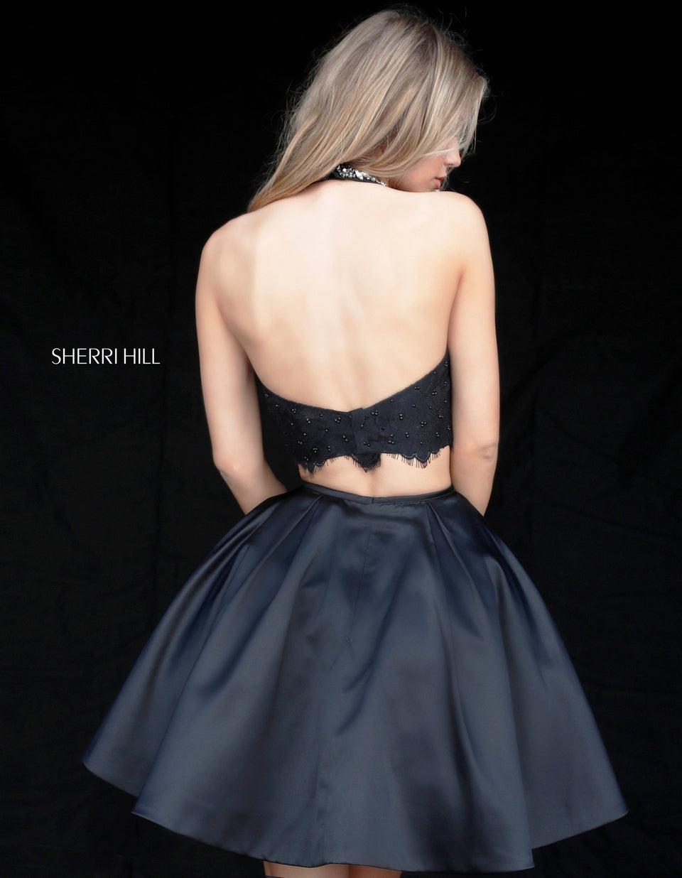 Sherri Hill Two Piece Lace Halter Bodice With Beaded Neck And Silk A-line Skirt With Bead Appliqued Pockets