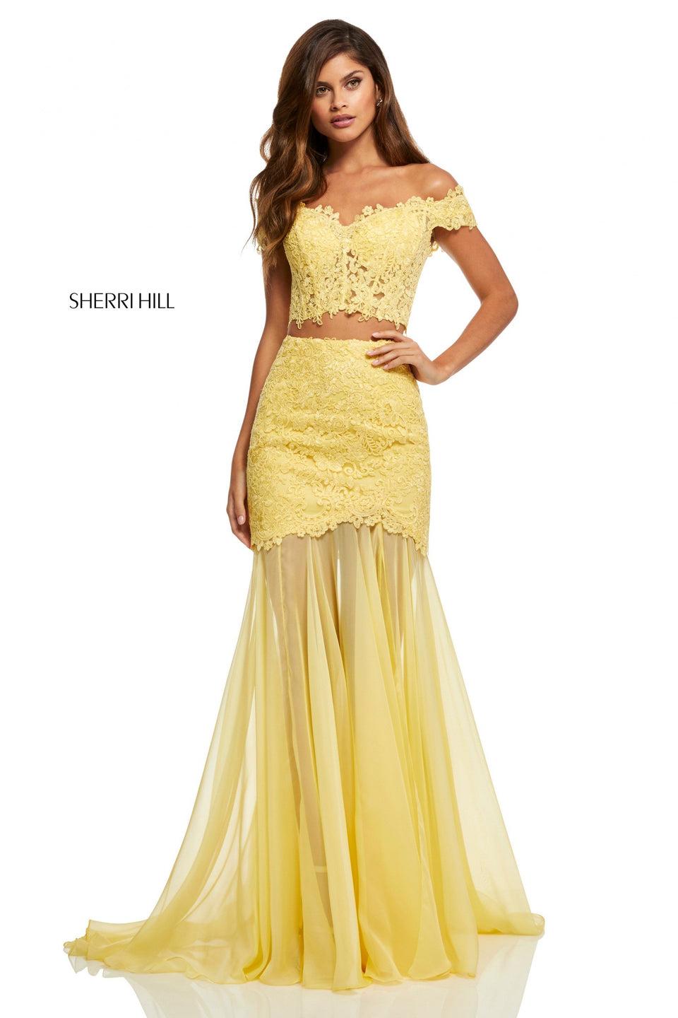 Sherri Hill Two-piece Lace Off-the-shoulder Bodice And Lace And Chiffon Skirt With Slit