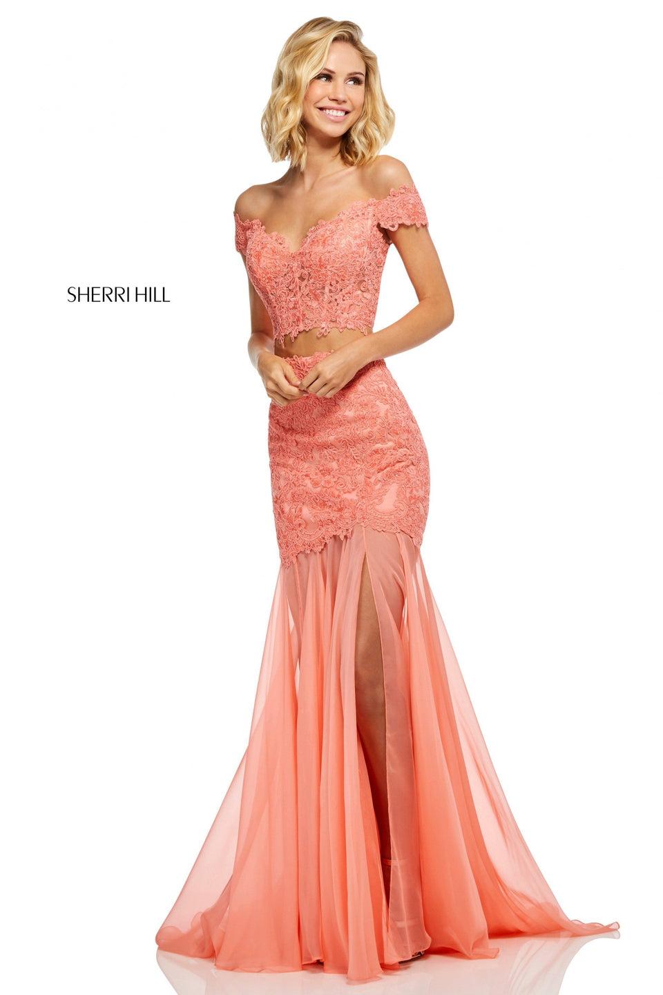 sherri hill Two-piece lace off-the-shoulder bodice and lace and chiffon skirt with slit