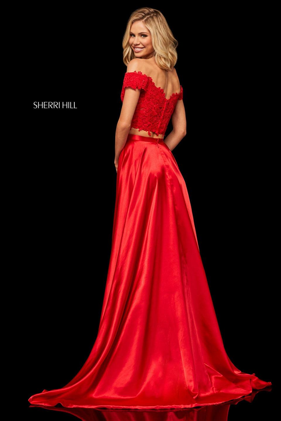 Sherri Hill Two-piece Lace Off-the-shoulder Top And Satin Skirt With Side Slit