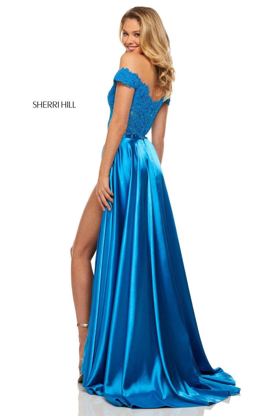 Sherri Hill Two-piece Lace Off-the-shoulder Top And Satin Skirt With Side Slit