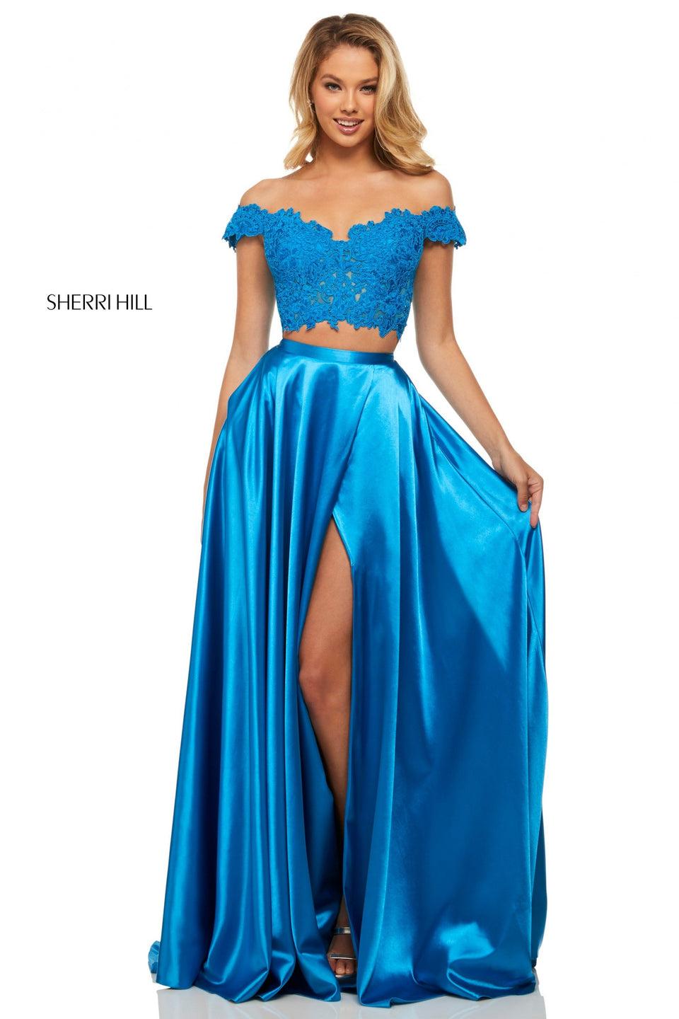 Sherri Hill Two-piece Lace Off-the-shoulder Top And Satin Skirt With Side Slit
