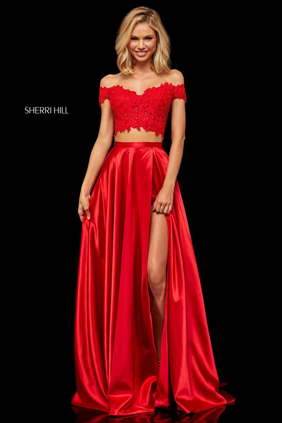 sherri hill Two-piece lace off-the-shoulder top and satin skirt with side slit