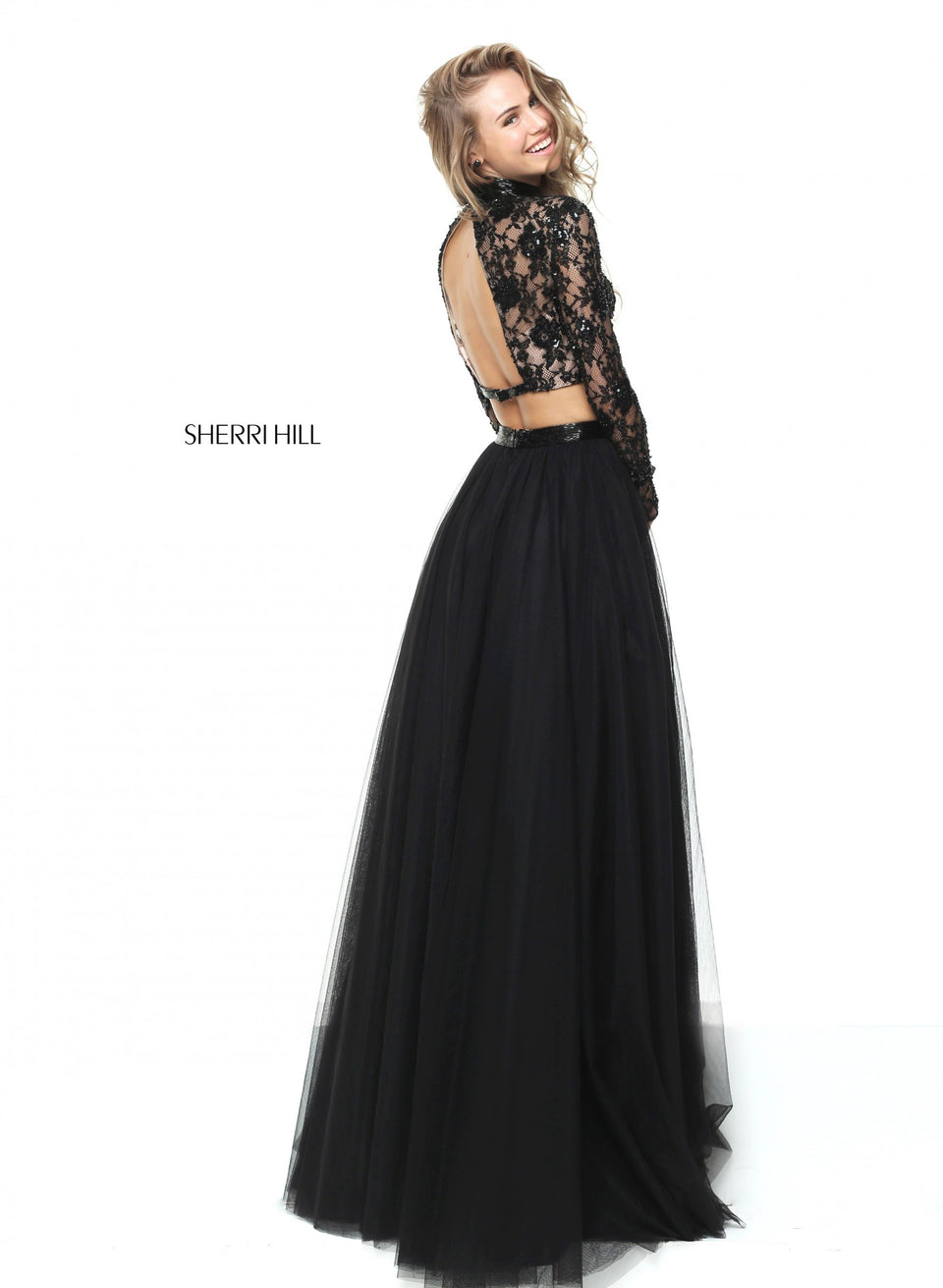 Sherri Hill Two-piece Long Sleeve Lace Bodice With A Tulle Skirt