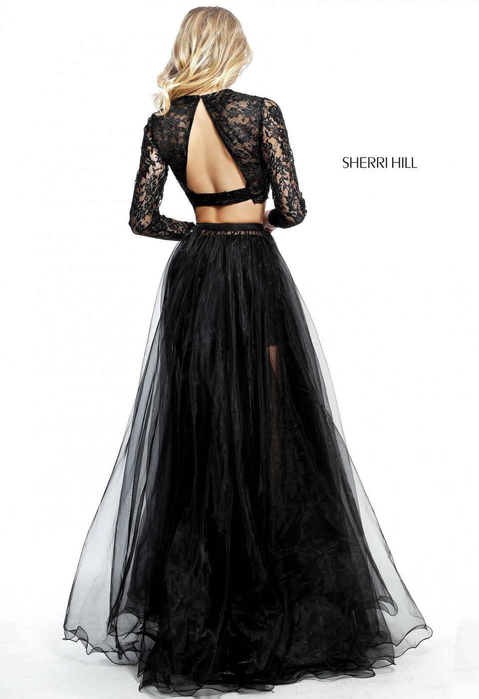 Sherri Hill Two Piece Long Sleeve Lace Bodice With Cut Out Back And Matching Shorts With Slit Tulle Ball Gown Overskirt