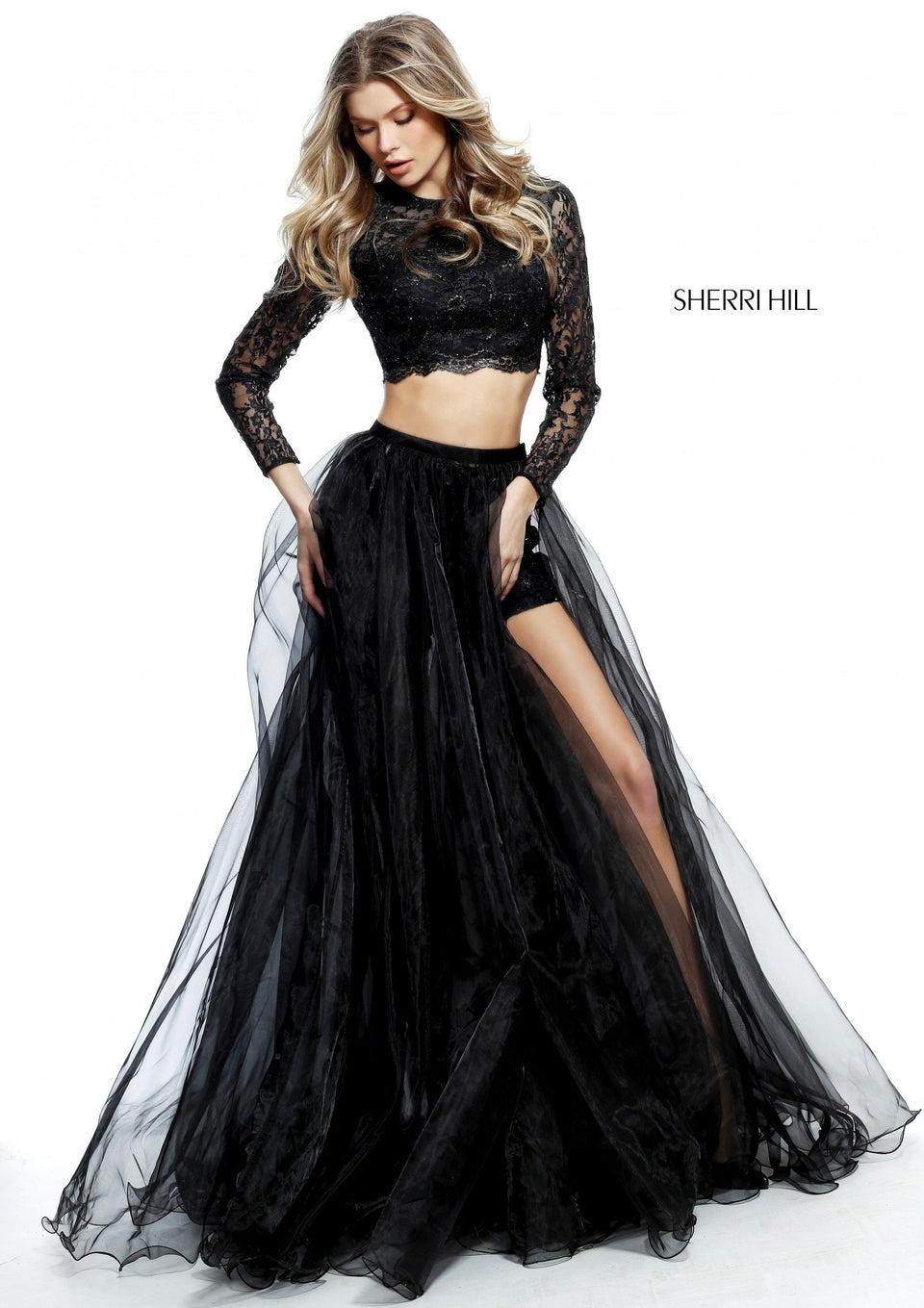 Sherri Hill Two Piece Long Sleeve Lace Bodice With Cut Out Back And Matching Shorts With Slit Tulle Ball Gown Overskirt