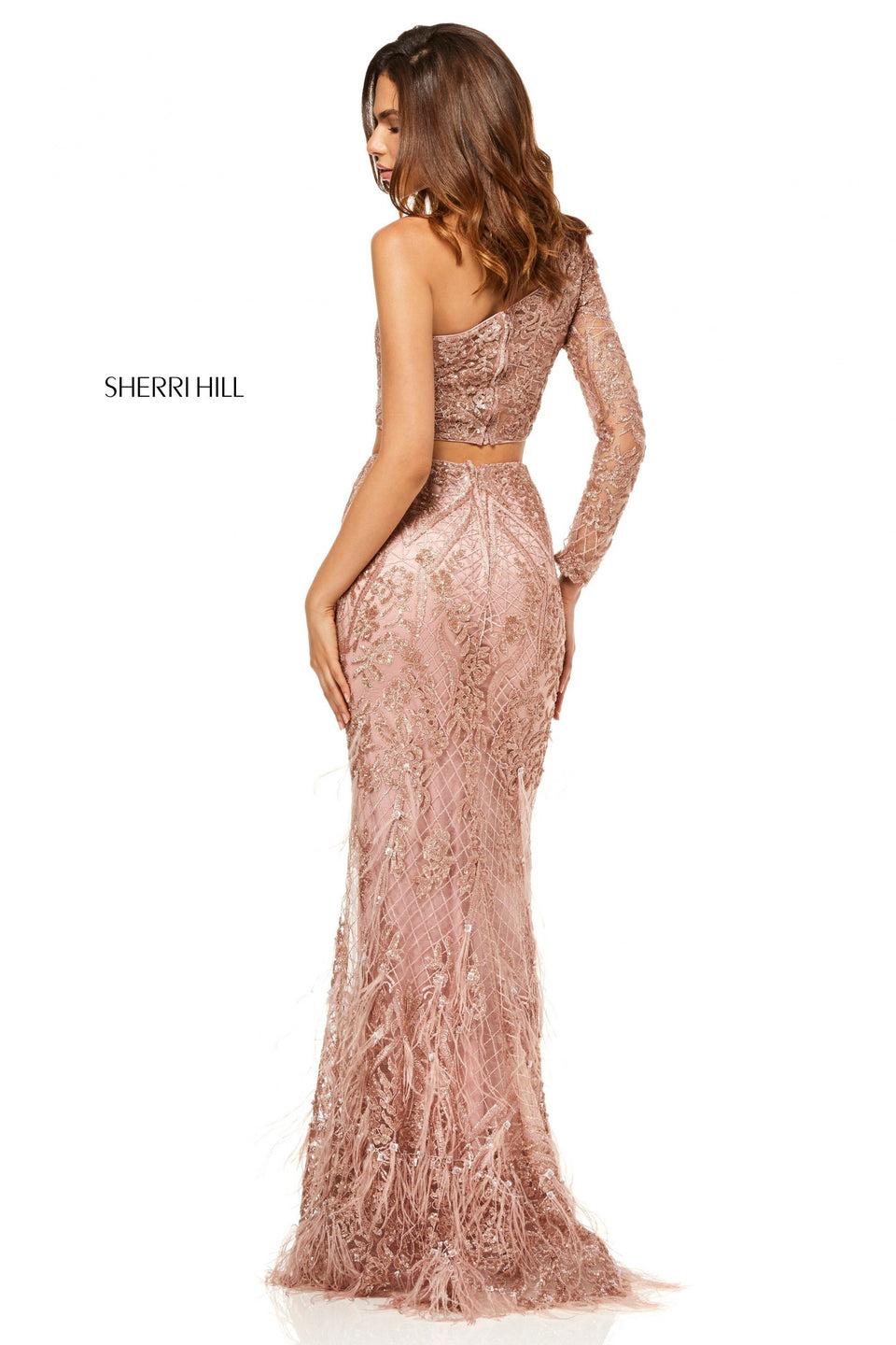 Sherri Hill Two-piece Mermaid Gown With Feather Skirt And One-shoulder Long Sleeve Top