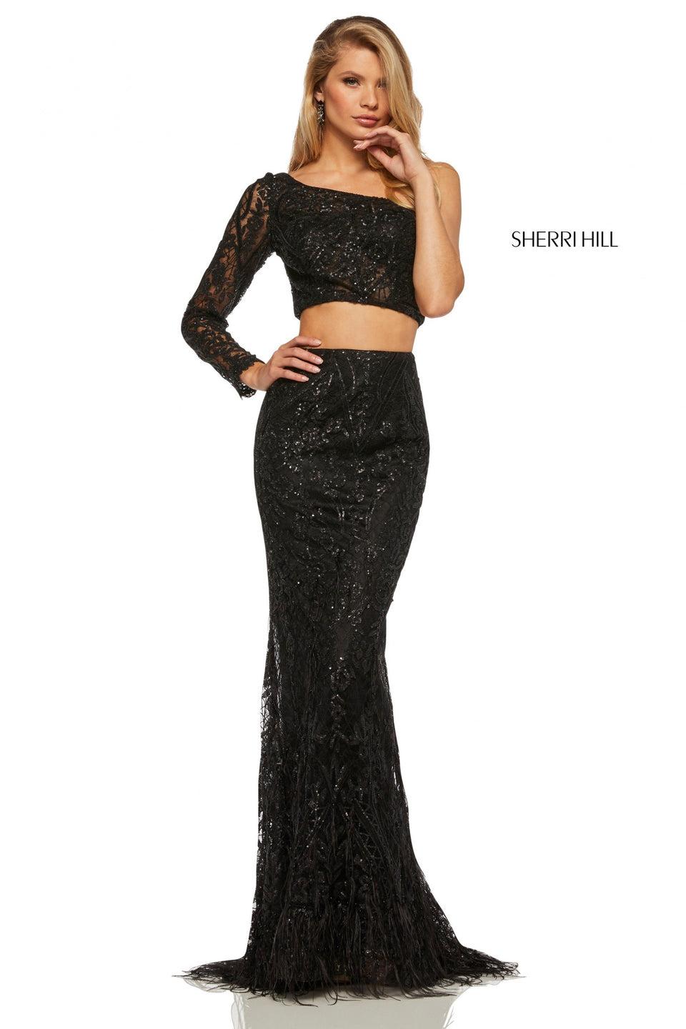 Sherri Hill Two-piece Mermaid Gown With Feather Skirt And One-shoulder Long Sleeve Top