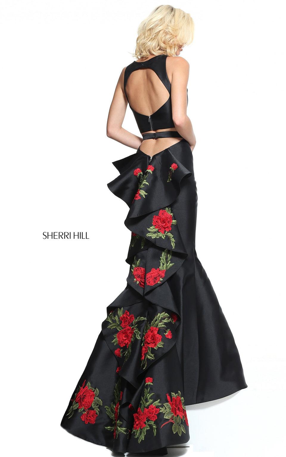 Sherri Hill Two-piece Mermaid With A Embroidered Flower Ruffle Along The Back