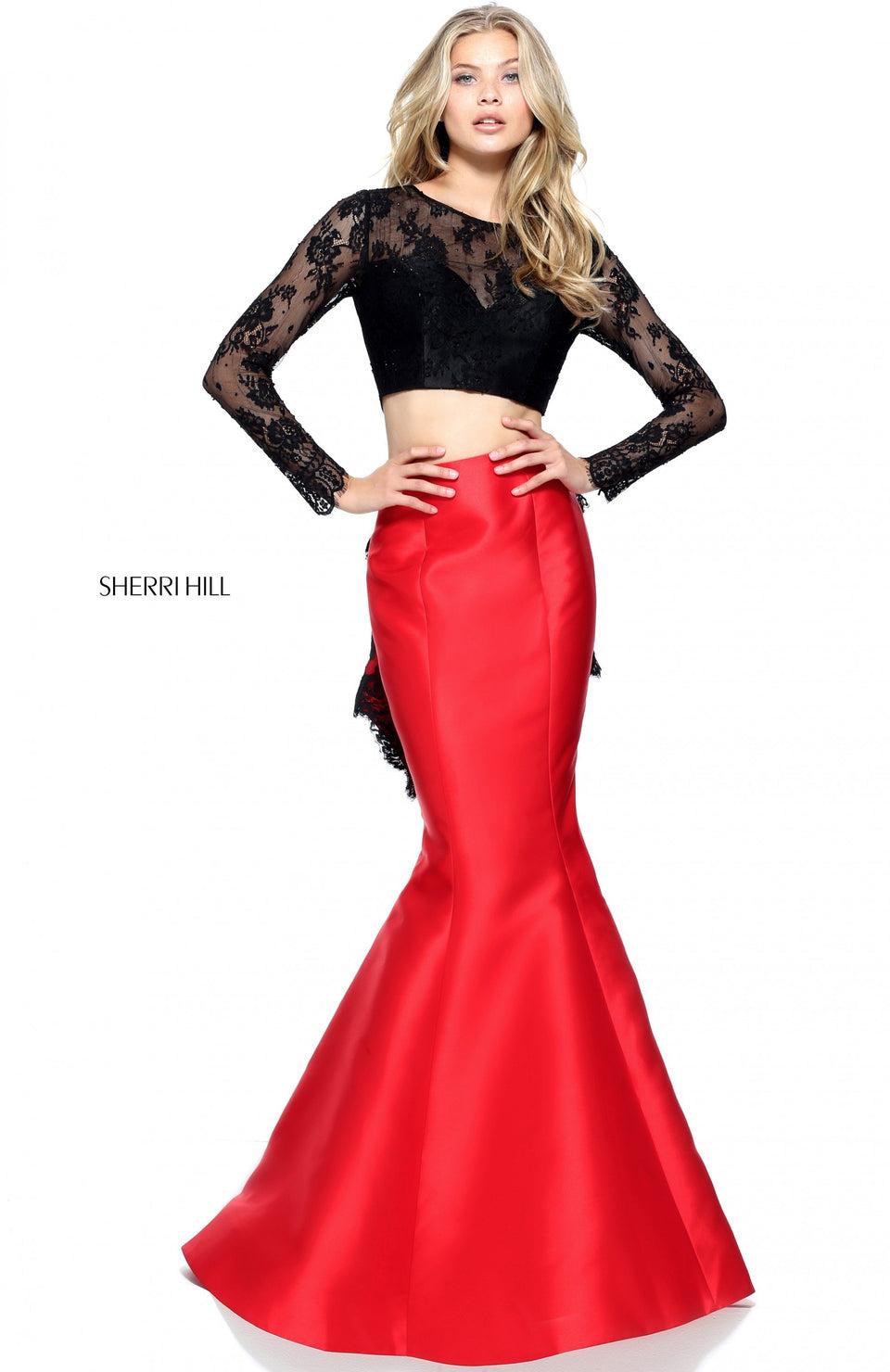 Sherri Hill Two-piece Mermaid With A Lace Long Sleeve Bodice And Lace Ruffle Along The Back Of The Skirt