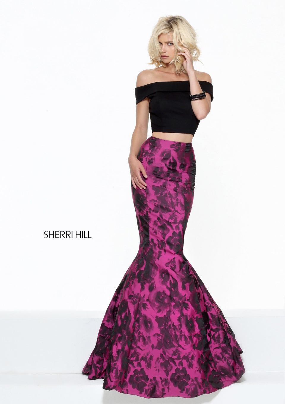 sherri hill Two-piece mermaid with an off-the-shoulder bodice and jacquard print skirt