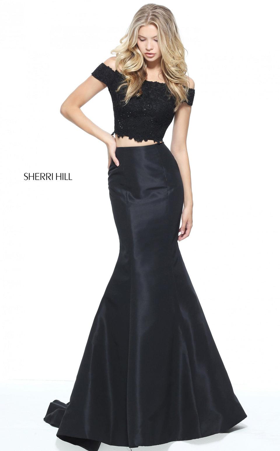 Sherri Hill Two-piece Mermaid With An Off-the-shoulder Lace Bodice And Taffeta Skirt