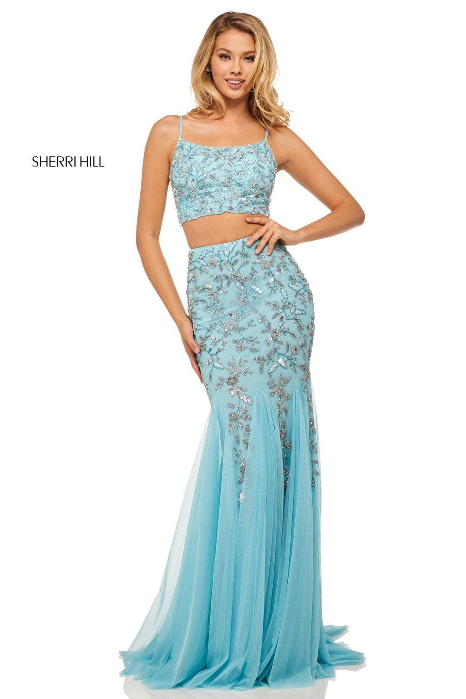 Sherri Hill Two-piece Mermaid With Floral Pattern Beading And Sequins Spaghetti Strap Top And Chiffon Bottom Skirt