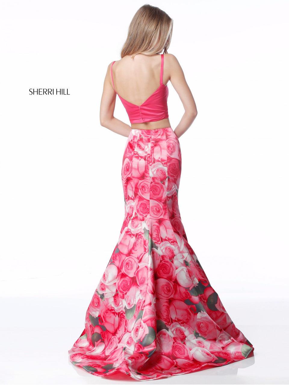 Sherri Hill Two Piece Mermaid With Solid Color Bodice And Floral Print Skirt