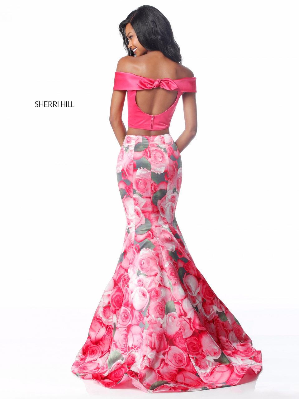 Sherri Hill Two Piece Mermaid With Solid Color Off-the-shoulder Bodice And Floral Print Skirt