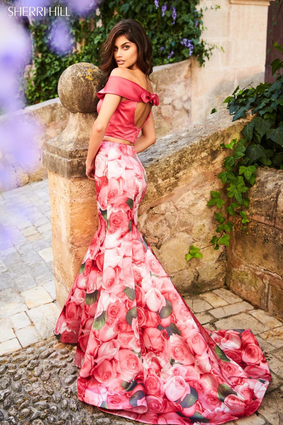 sherri hill Two piece mermaid with solid color off-the-shoulder bodice and floral print skirt