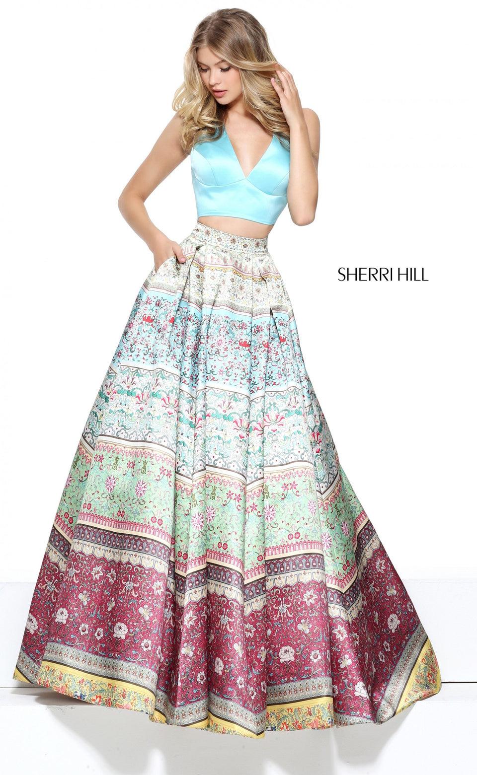 Sherri Hill Two-piece Multi Print Ball Gown With A Halter Bodice