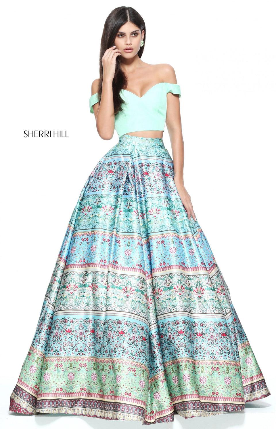 sherri hill Two-piece multi print ball gown with a solid off-the-shoulder taffeta bodice
