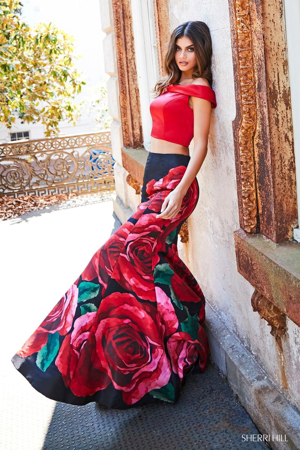 sherri hill Two-piece off-the-shoulder bodice with open keyhole back and floral mermaid skirt