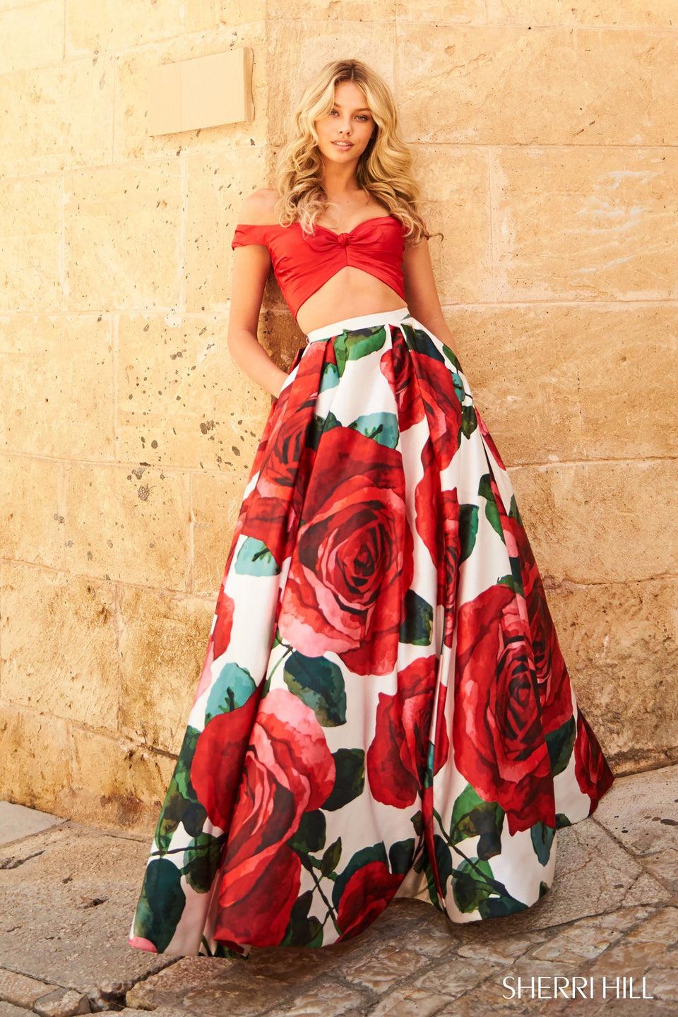 sherri hill Two piece off-the-shoulder criss cross bow top with floral ball gown skirt