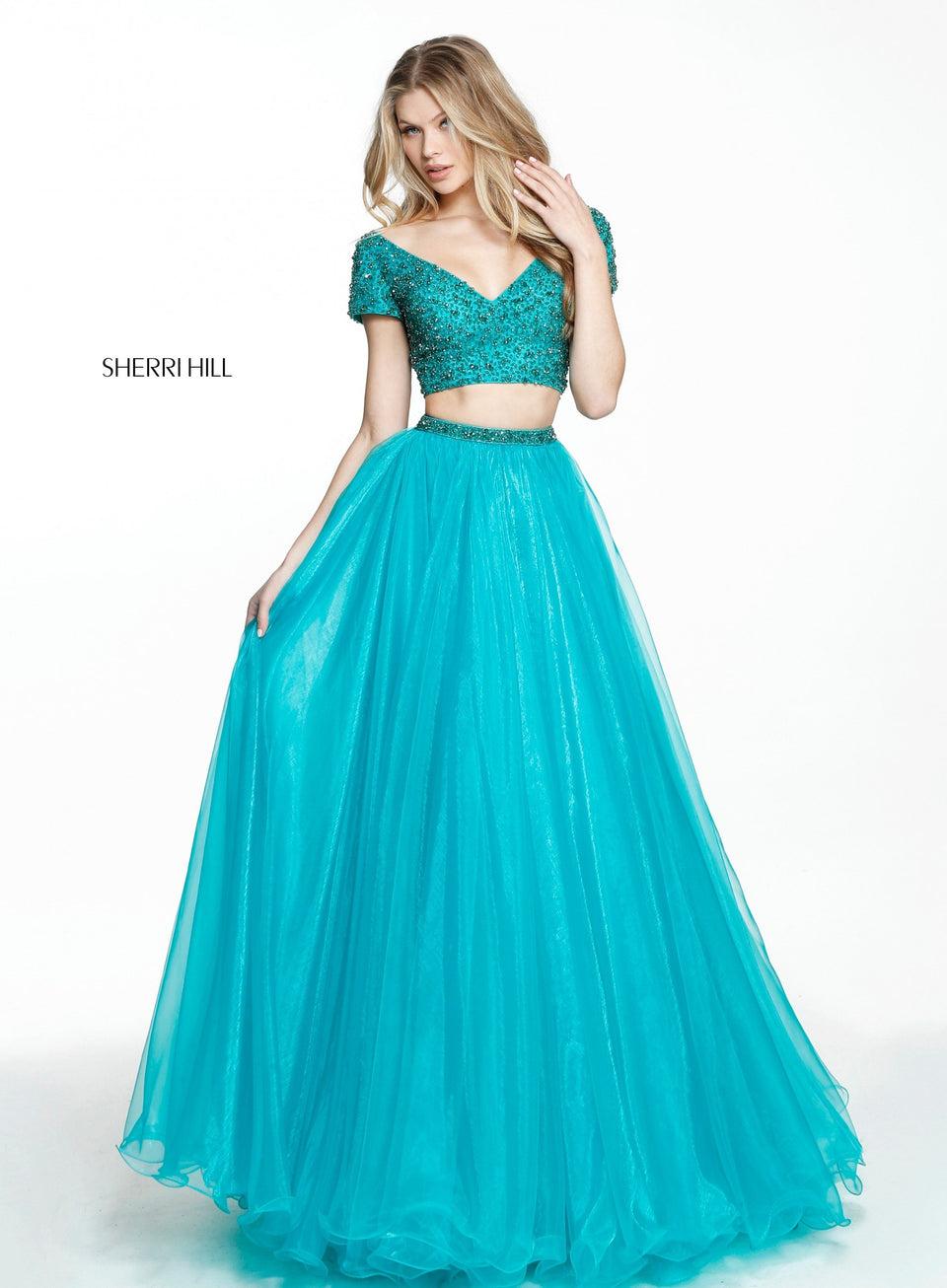 Sherri Hill Two Piece Organza Ball Gown With A Cap Sleeve Crystal Beaded Bodice