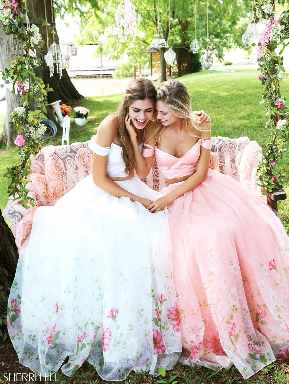 sherri hill Two piece organza ball gown with a satin off-the-shoulder bodice and floral border print skirt