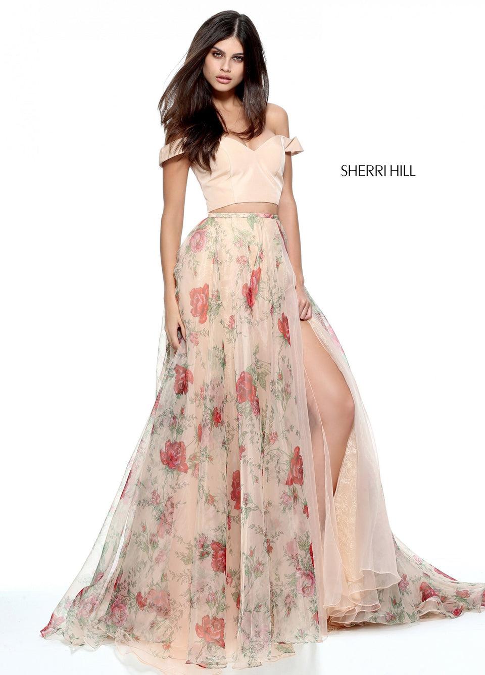 Sherri Hill Two-piece Organza Floral Print A-line Gown With A Off The Shoulder Taffeta Bodice