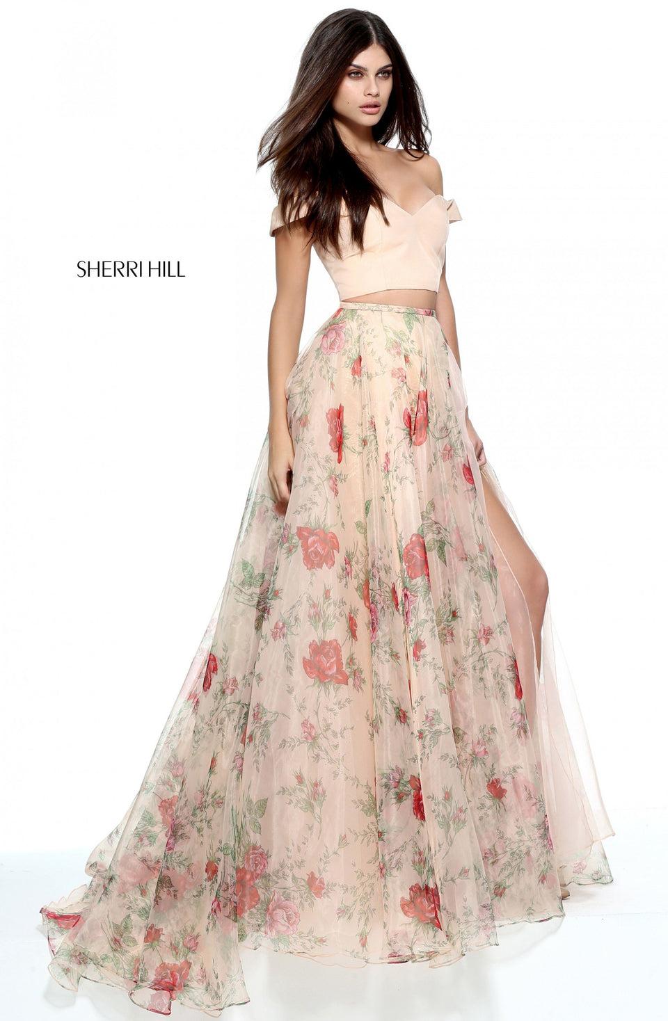 Sherri Hill Two-piece Organza Floral Print A-line Gown With A Off The Shoulder Taffeta Bodice