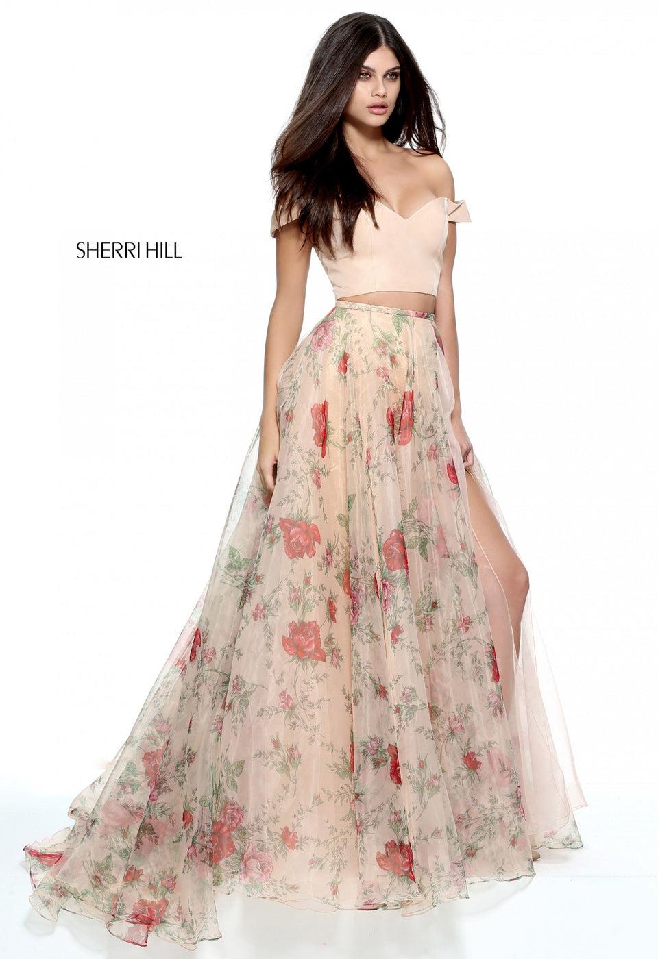 sherri hill Two-piece organza floral print A-line gown with a off the shoulder taffeta bodice