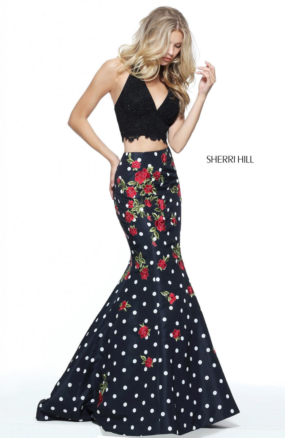 Sherri Hill Two-piece Polka Dot Mermaid With A Lace Halter Bodice And Embroidered Red Flowers On The Skirt