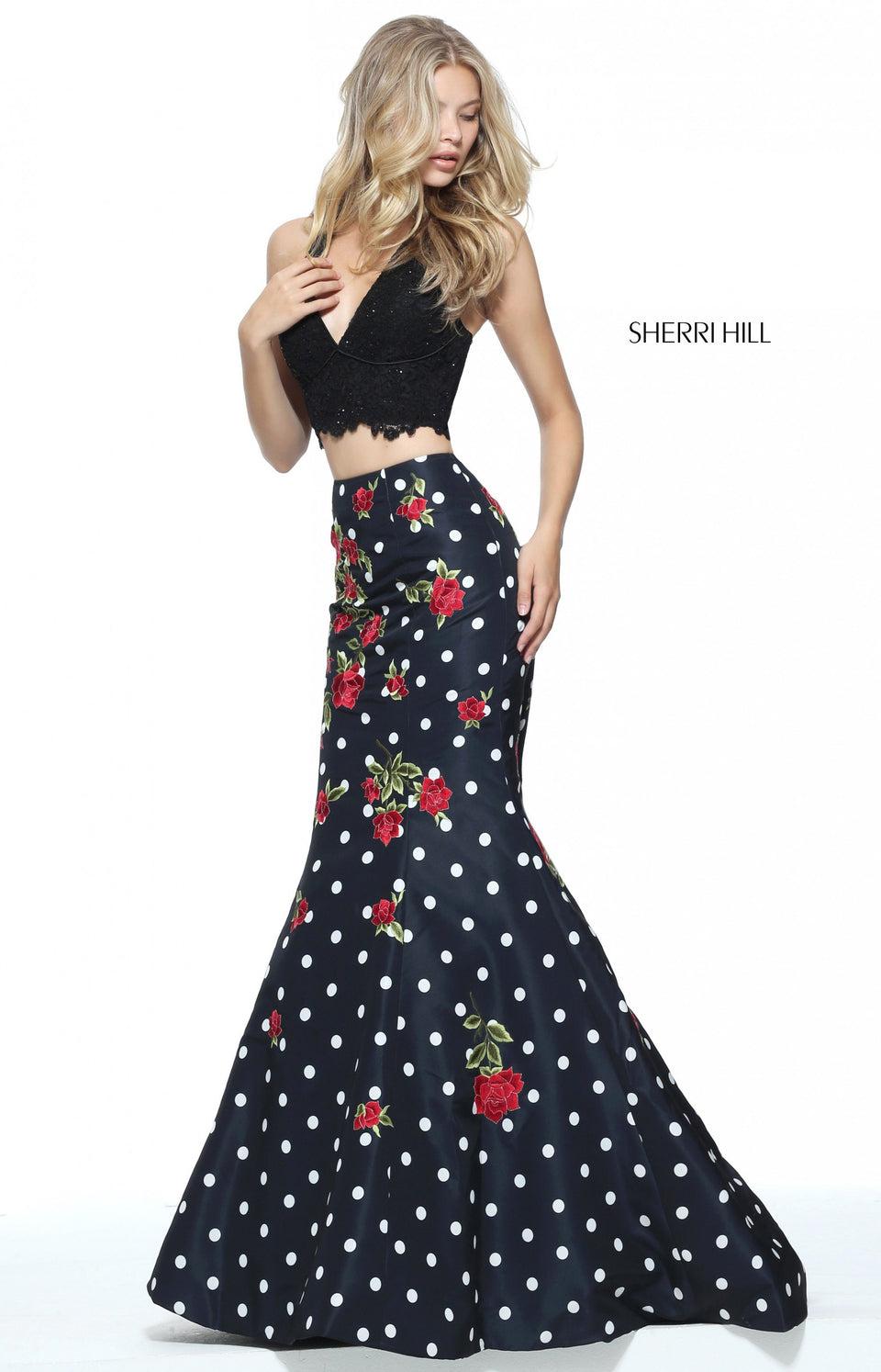 Sherri Hill Two-piece Polka Dot Mermaid With A Lace Halter Bodice And Embroidered Red Flowers On The Skirt