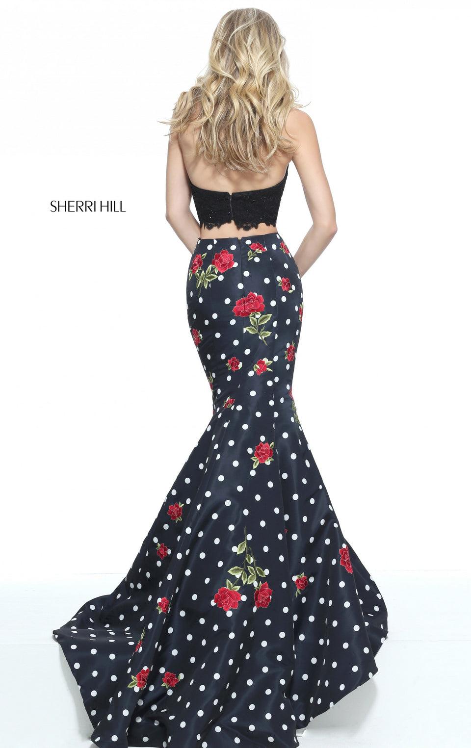 Sherri Hill Two-piece Polka Dot Mermaid With A Lace Halter Bodice And Embroidered Red Flowers On The Skirt