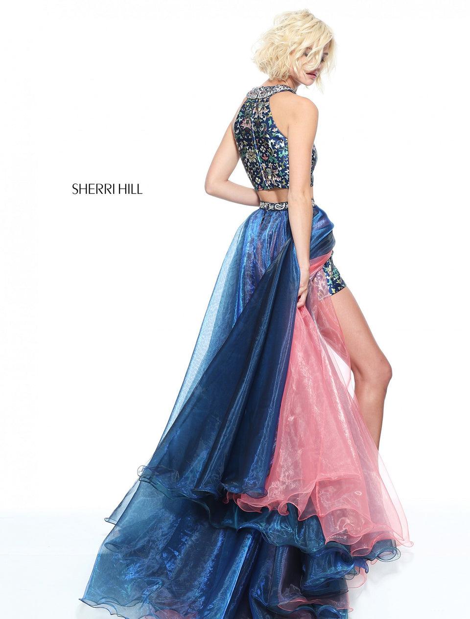 Sherri Hill Two-piece Print Short Set With A Multi Colored Organza Skirt And Beaded Waist Band