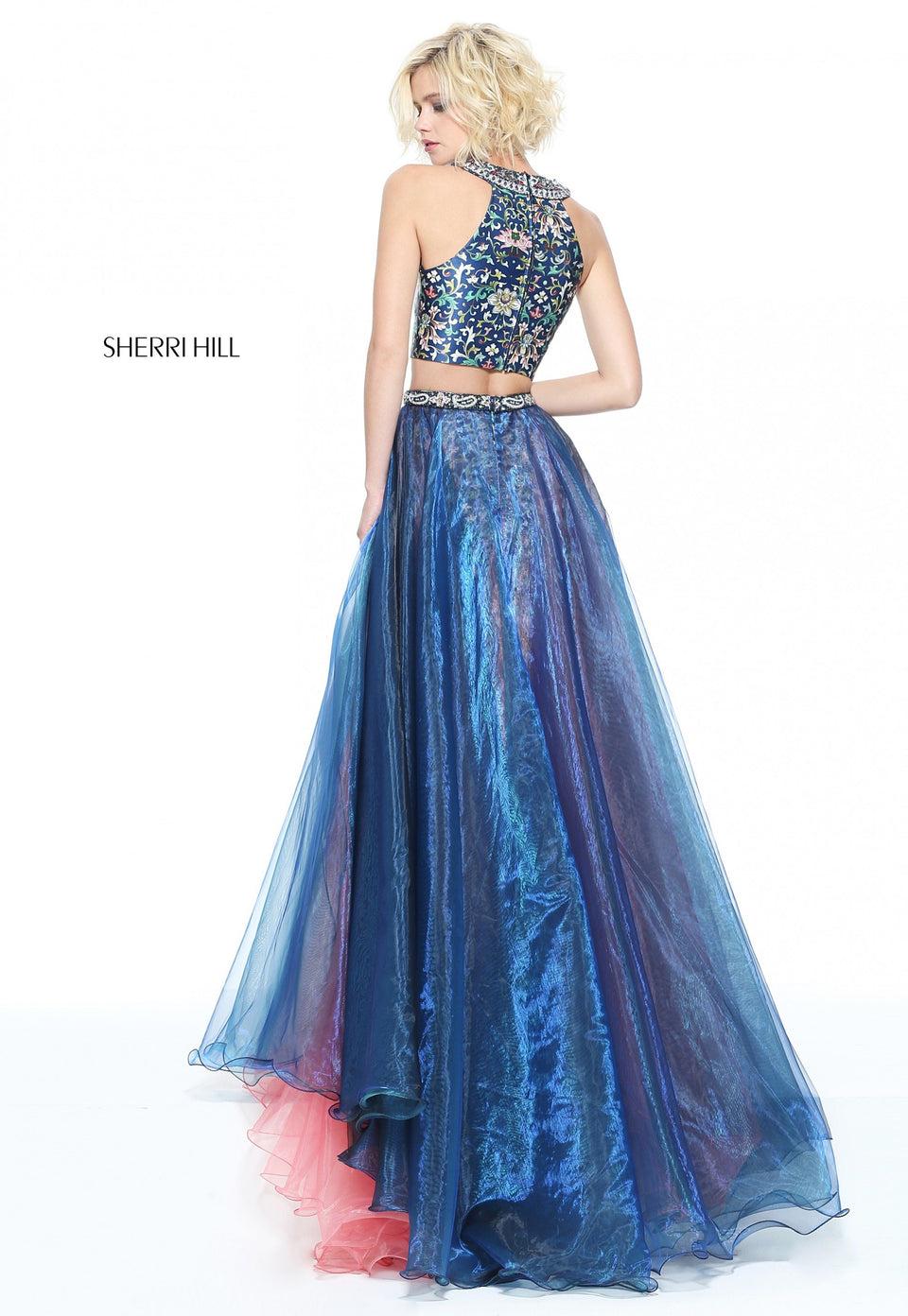 Sherri Hill Two-piece Print Short Set With A Multi Colored Organza Skirt And Beaded Waist Band