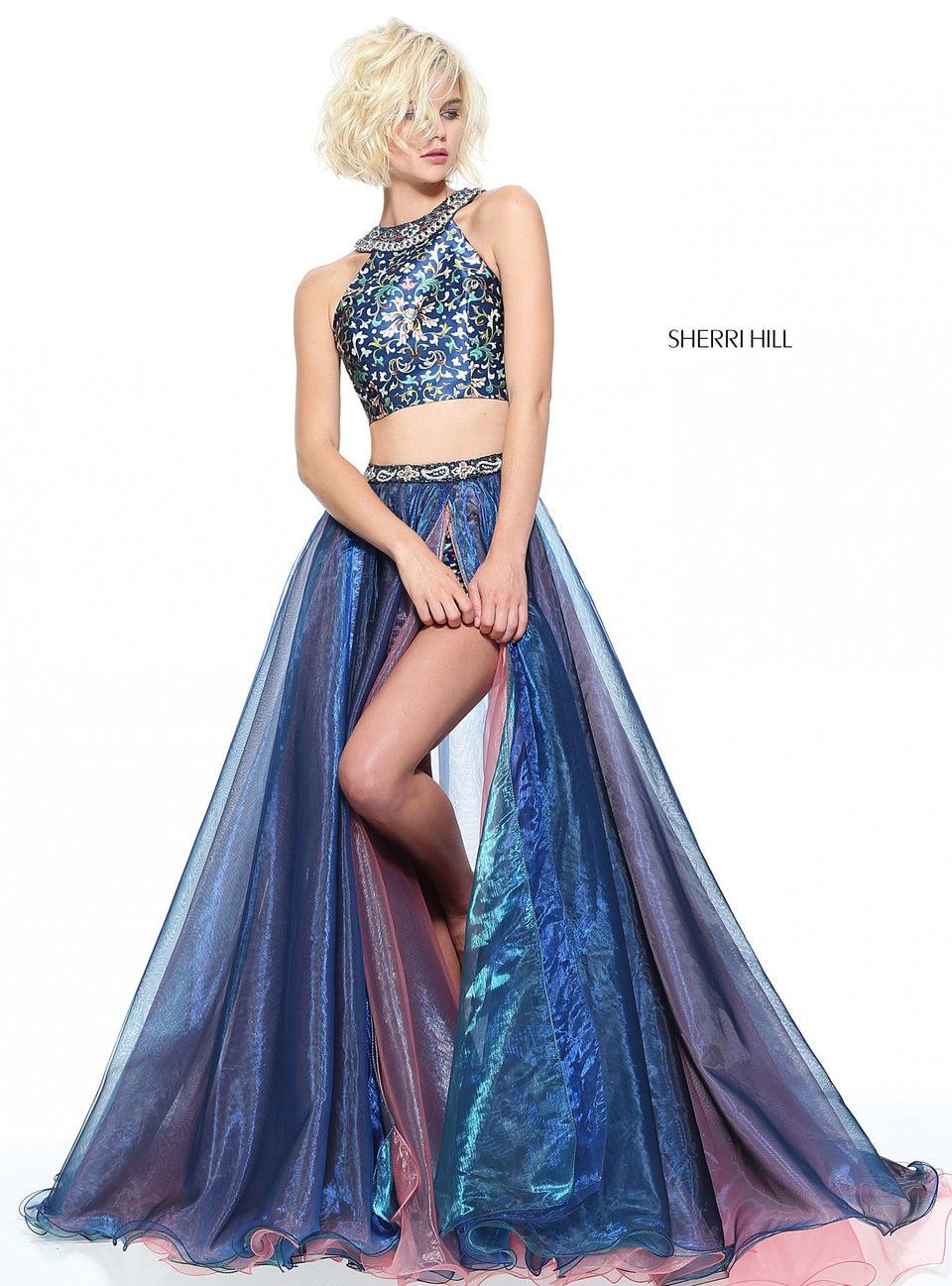 sherri hill Two-piece print short set with a multi colored organza skirt and beaded waist band