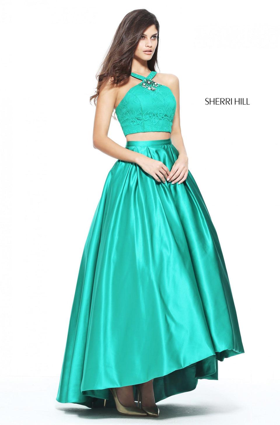 sherri hill Two piece satin Audrey length gown with a lace bodice