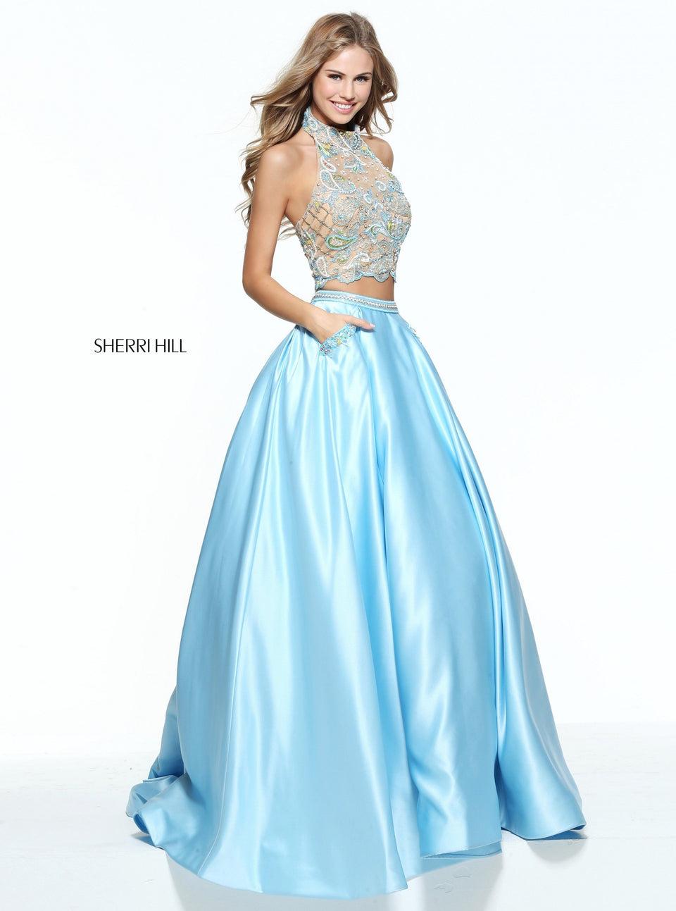 Sherri Hill Two-piece Satin Ball Gown With A High Neck And A Paisley Beaded Bodice