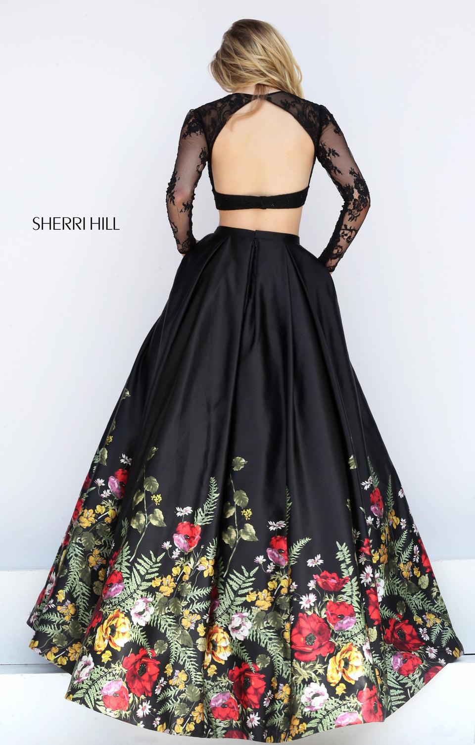 Sherri Hill Two Piece Satin Floral Border Print Ball Gown With Lace Long Sleeves