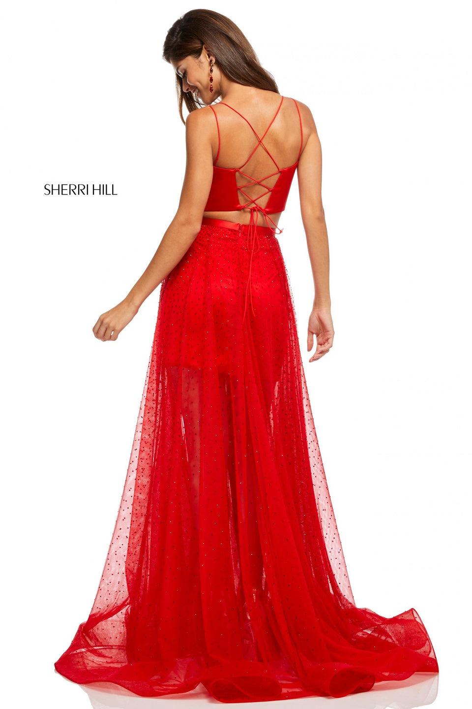 Sherri Hill Two-piece Satin Lace Up Back Top And Jeweled Chiffon A-line Skirt