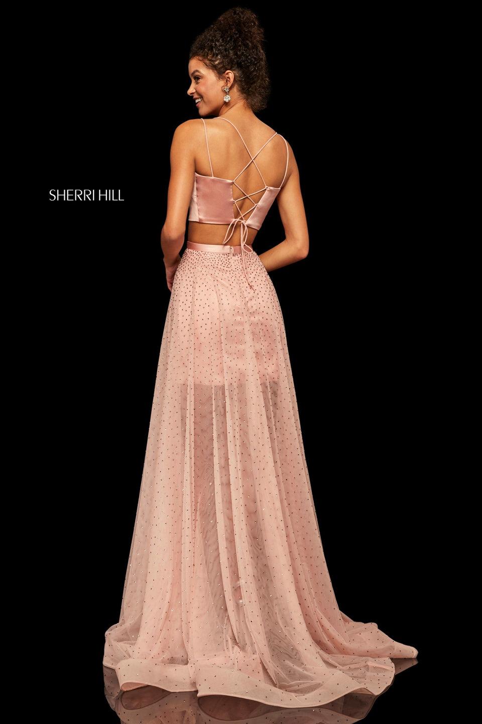 Sherri Hill Two-piece Satin Lace Up Back Top And Jeweled Chiffon A-line Skirt