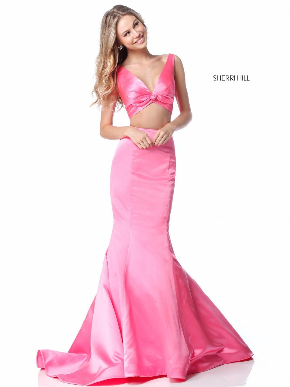 Sherri Hill Two Piece Satin Mermaid Gown With A V-neck Bodice And A Bow In The Front